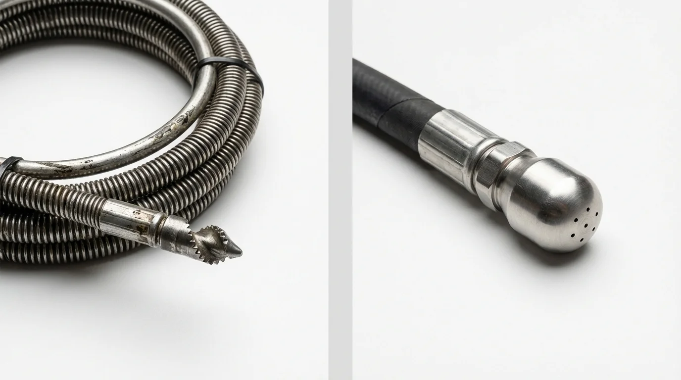 Drain snake cable and hydro jetting nozzle used for drain cleaning in Goodman, MO
