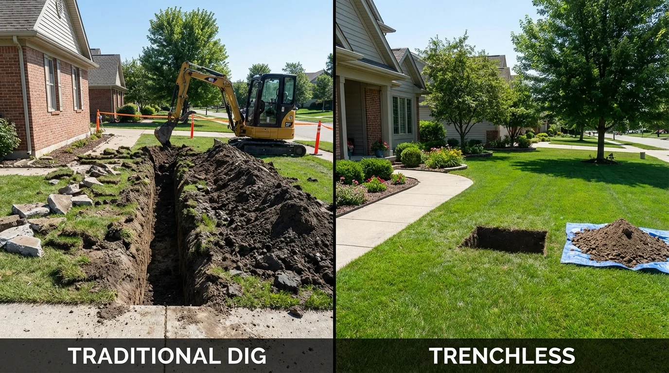Trenchless sewer repair with minimal yard damage versus traditional excavation in Goodman, MO