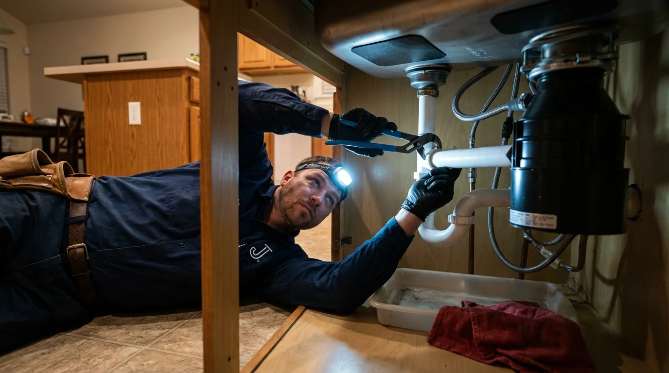 P-trap and supply line connections under a kitchen sink showing a common leak point in Goodman, MO